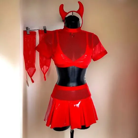 New Large Skirt Set Devil Halloween Costume Mesh Vegan Leather Latex‎ Red Props - Picture 2 of 8